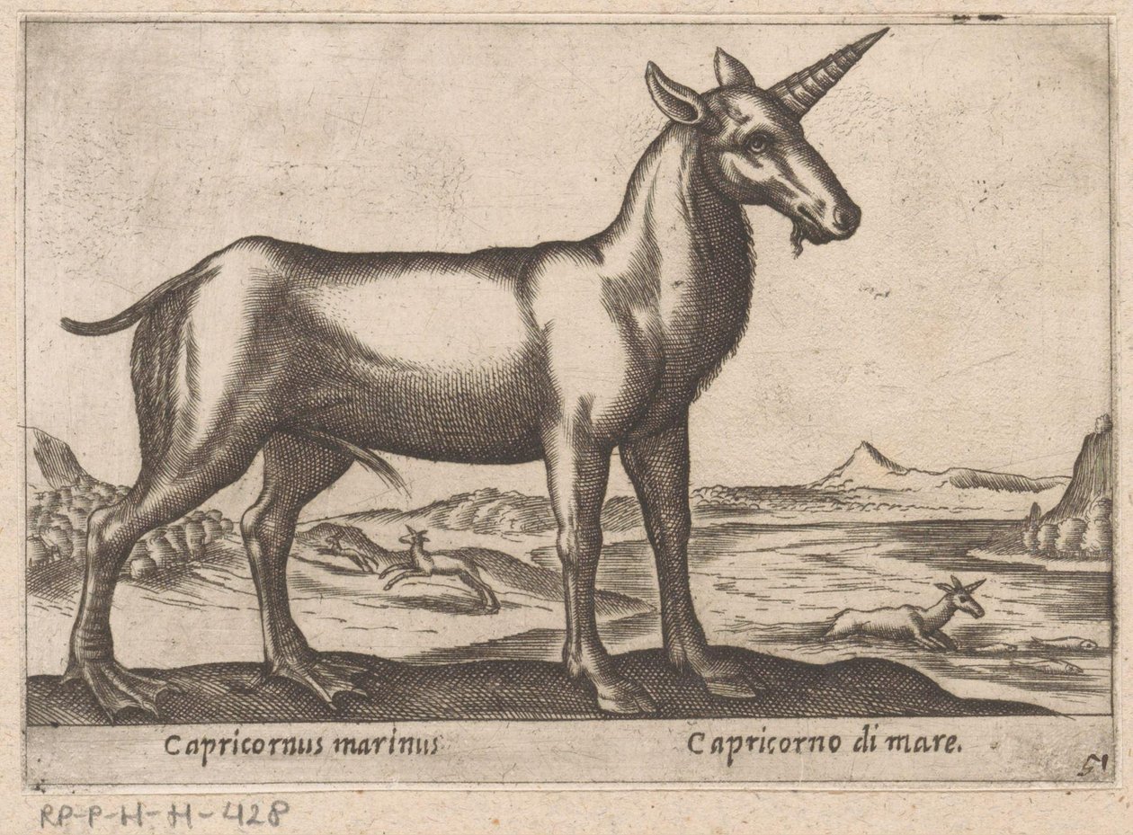 Steinbock als Meereswesen (Capricornus marinus, Tiere und Fabelwesen, Nova raccolta de li animali piu curiosi del mondo) von Antonio Tempesta