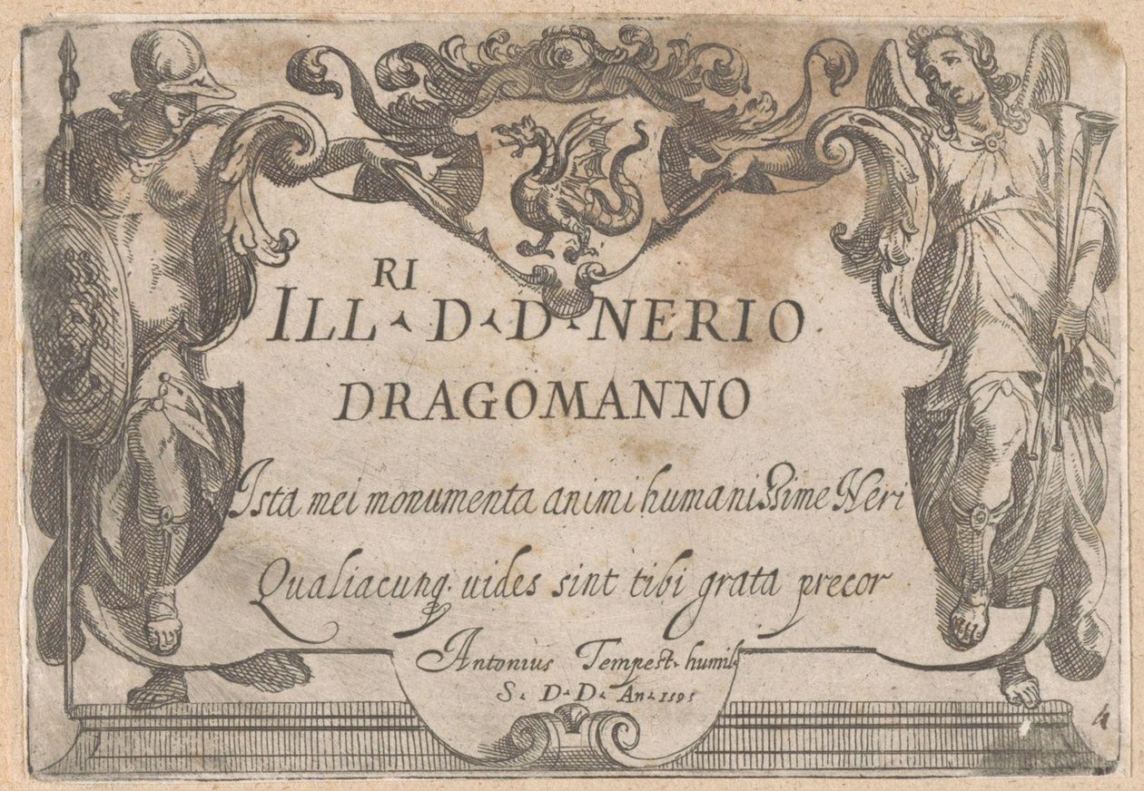 Titelblatt mit Kartusche und Widmung, flankiert von Minerva und Ruhm von Antonio Tempesta