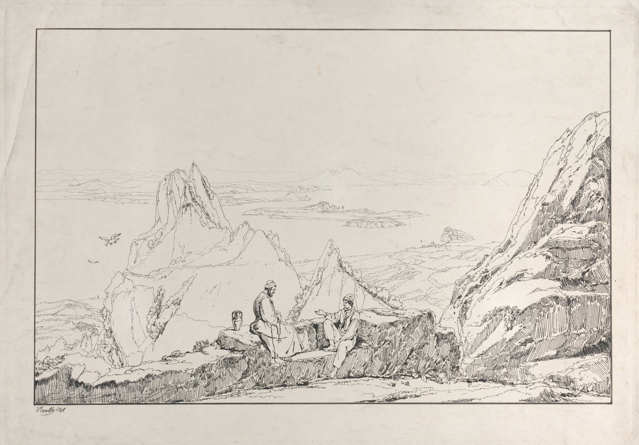 Gebirgslandschaft mit zwei Männern im Vordergrund, 1828 von Antonio Vianello