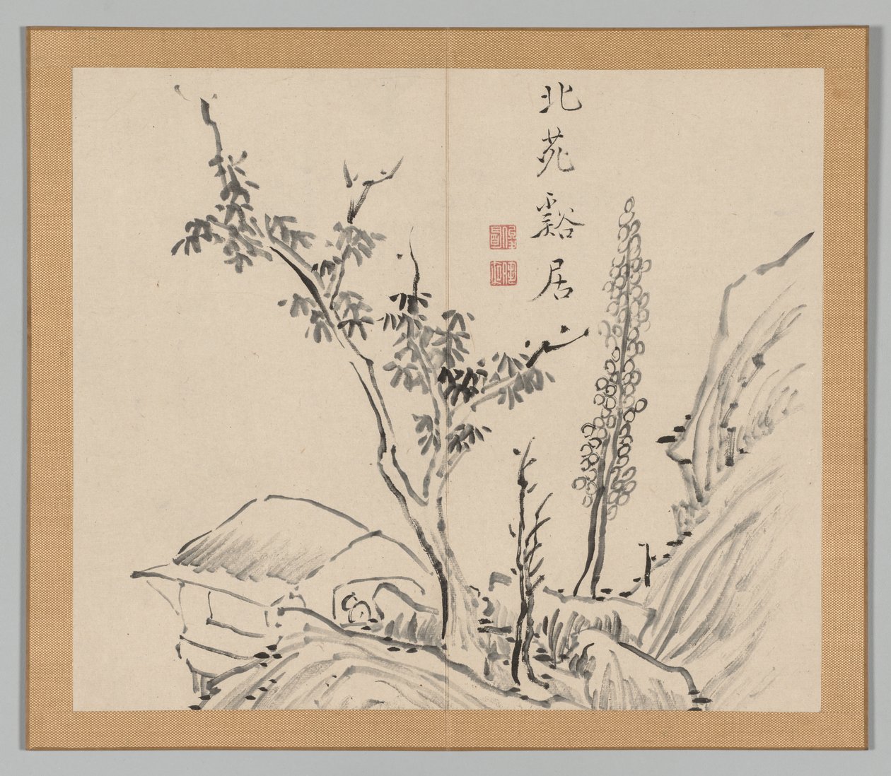 Doppelalbum mit Landschaftsstudien nach Ikeno Taiga, Band 2 Blatt 13, 18. Jahrhundert von Aoki Shukuya