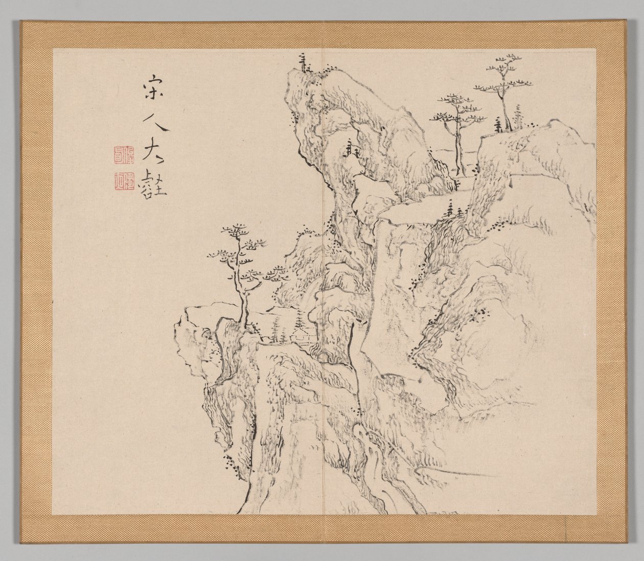 Doppelalbum mit Landschaftsstudien nach Ikeno Taiga, Band 2 Blatt 1, 18. Jahrhundert von Aoki Shukuya