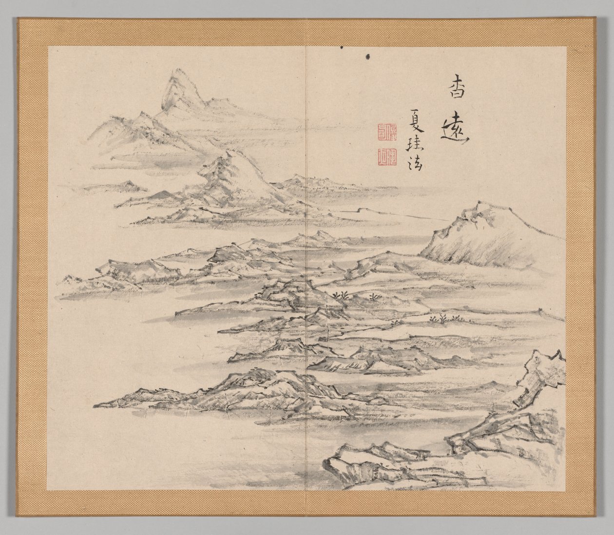 Doppelalbum mit Landschaftsstudien nach Ikeno Taiga, Band 2 Blatt 5, 18. Jahrhundert von Aoki Shukuya