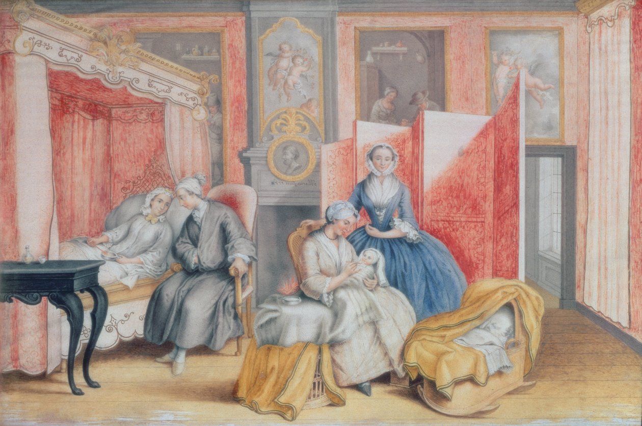 Joseph II. (1741-90) am Bett seiner Frau Isabella von Parma nach der Geburt ihrer Tochter Maria Theresia, 1762 von Archduchess of Austria Maria Christine