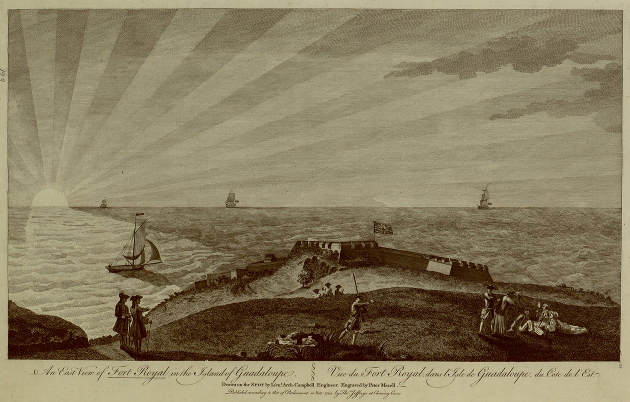 Eine Gruppe von Soldaten ruht sich auf einem Hügel im Vordergrund aus, mit Fort Royal dahinter, Segelschiffen und dem Sonnenuntergang im Meer im Hintergrund von Archibald (after) Campbell