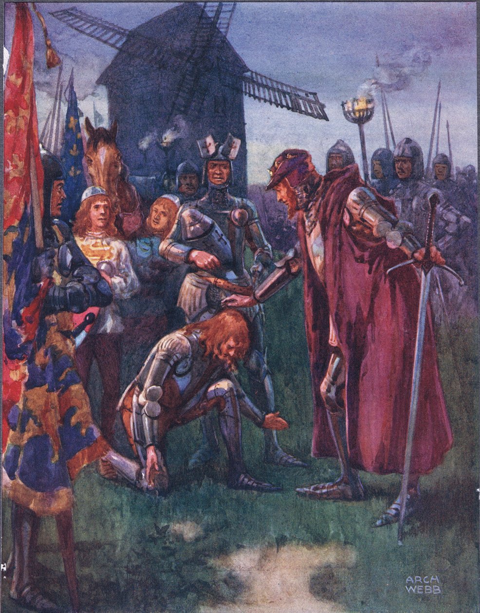 Der Prinz kniet vor seinem Vater nieder: Ihm gehört die Schlacht - ganz ihm! Illustration aus Ballads of Famous Fights, ca. 1900 von Archibald Webb