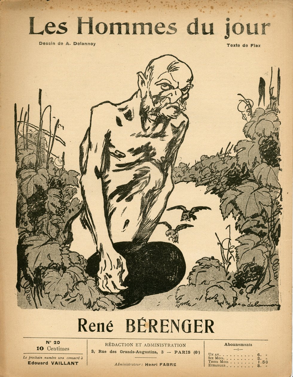 Titelblatt von „Les Hommes du jour“, Satirisch in Schwarz-Weiß, ca. 1909: Zensur - Berenger Rene (1830-1915) - Illustration von Aristide Delannoy (1874-1911) von Aristide Delannoy
