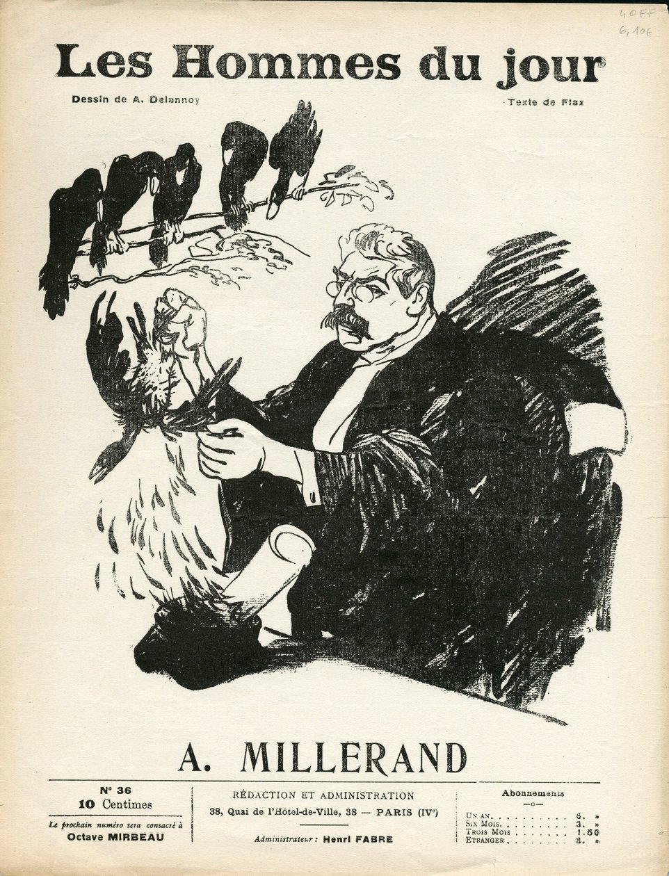 Cover der "Les Hommes du jour", Nummer 36, Satirisch in Schwarz-Weiß von Aristide Delannoy