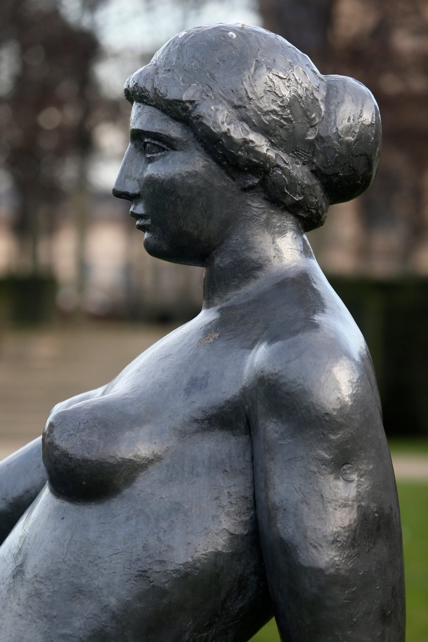 Jardin des Tuileries, Aristide Maillol, Liegendes Mädchen, Bronze 1921, (Detail), Paris, Frankreich (Foto) von Aristide Maillol