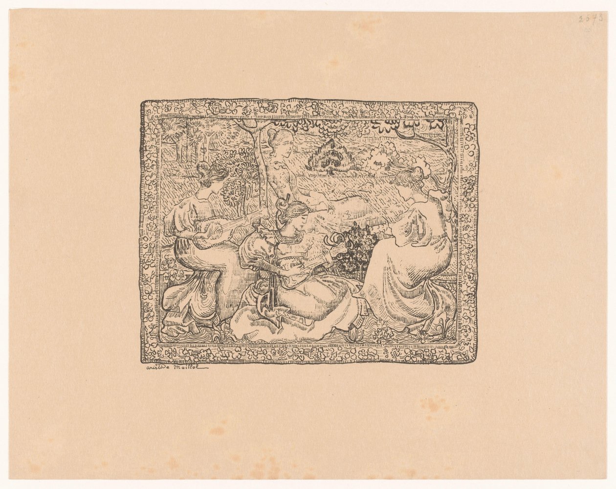 Wandteppich mit vier musizierenden Frauen in Landschaft von Aristide Maillol