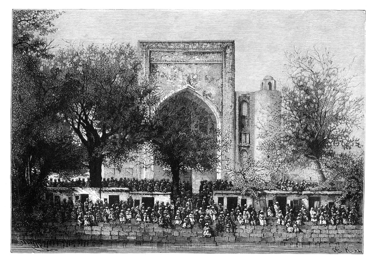 Eine Versammlung vor der Moschee in Buchara, Usbekistan, 1895 von Armand Kohl