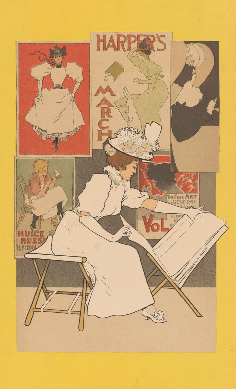 Sitzende Frau an einem Stand, die Drucke betrachtet, 1897 von Armand Rassenfosse