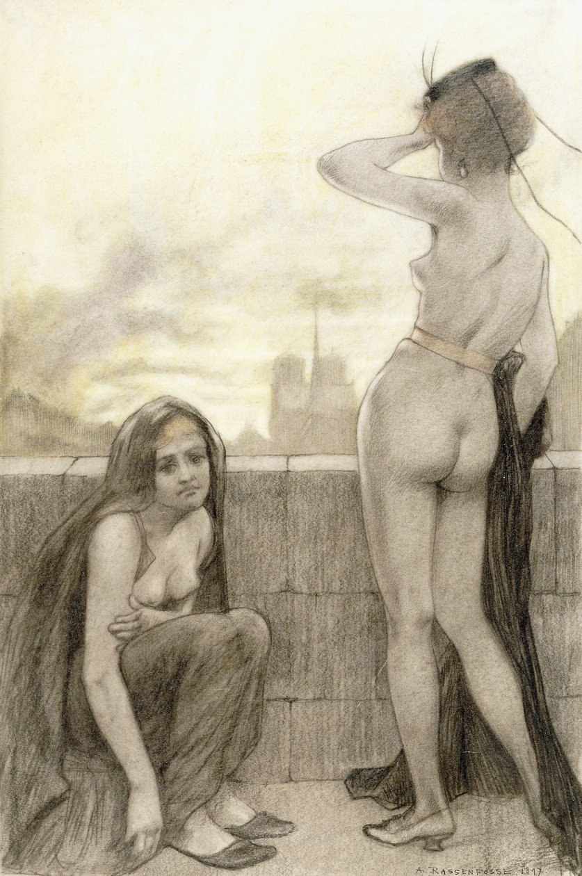 Zwei teilweise bekleidete Frauen an einer Wand in einer Stadt von Armand Rassenfosse