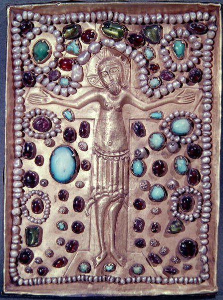 Reliquienabdeckung einer Bibel mit Christus am Kreuz (vergoldetes Silber mit Perlen und Edelsteinen) von Armenian School