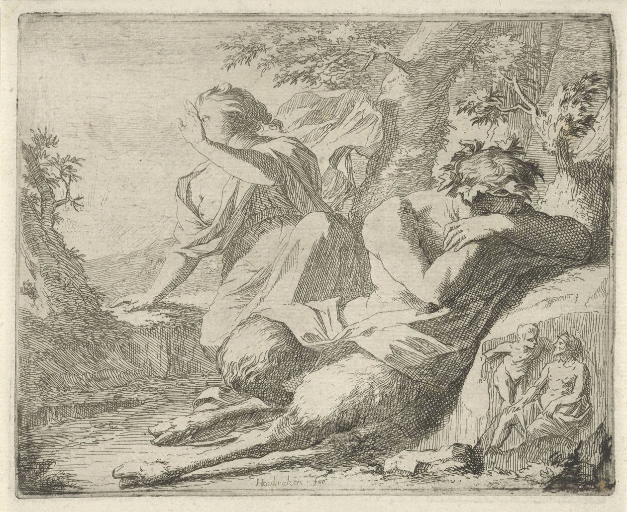 Satyr und Frauenfigur bedecken die Augen vor Sonnenlicht von Arnold Houbraken