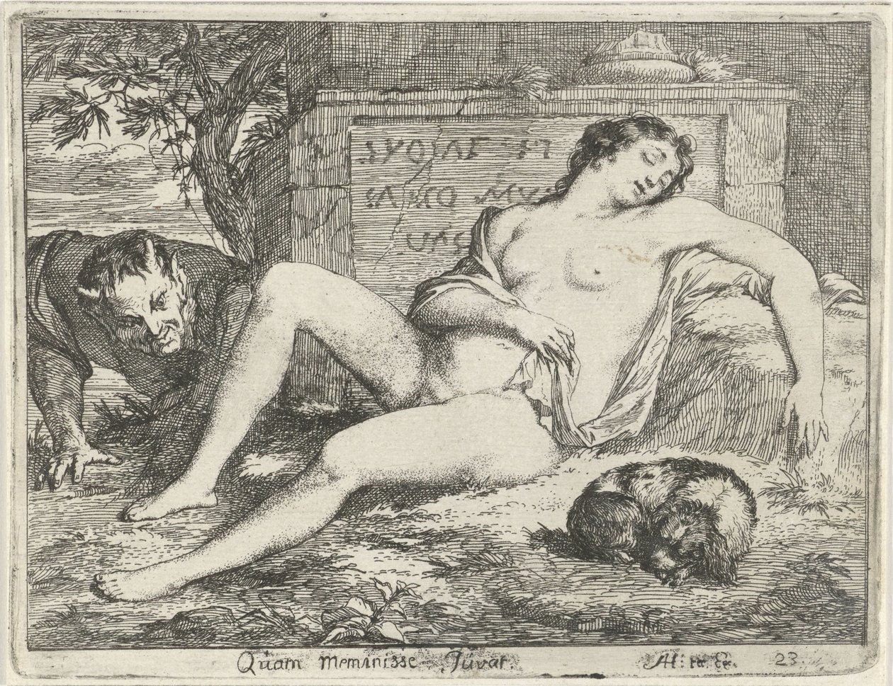 Schlafende Nymphe mit einem Hund, beobachtet von einem Satyr von Arnold Houbraken