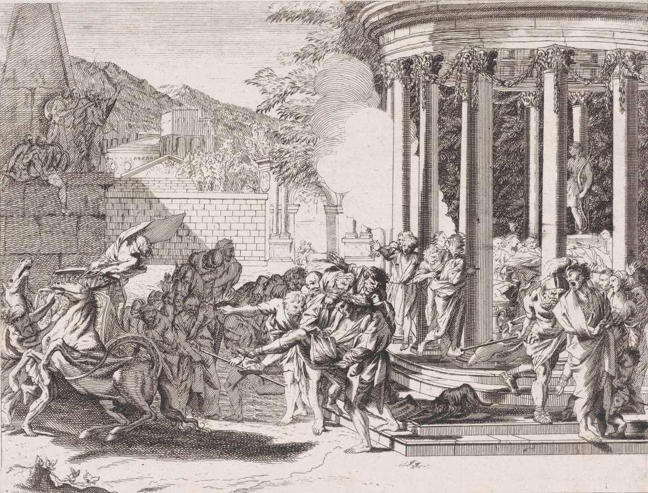 Sinorix wird nach der Vergiftung aus dem Tempel getragen, 1650-1700 von Arnold van Westerhout.