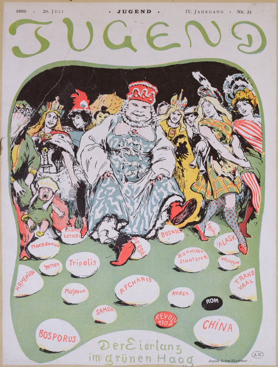 Eiertanz, Karikatur zur Ersten Haager Friedenskonferenz, aus der deutschen Zeitschrift Jugend, 29. Juli 1899 von Arpad Schmidhammer