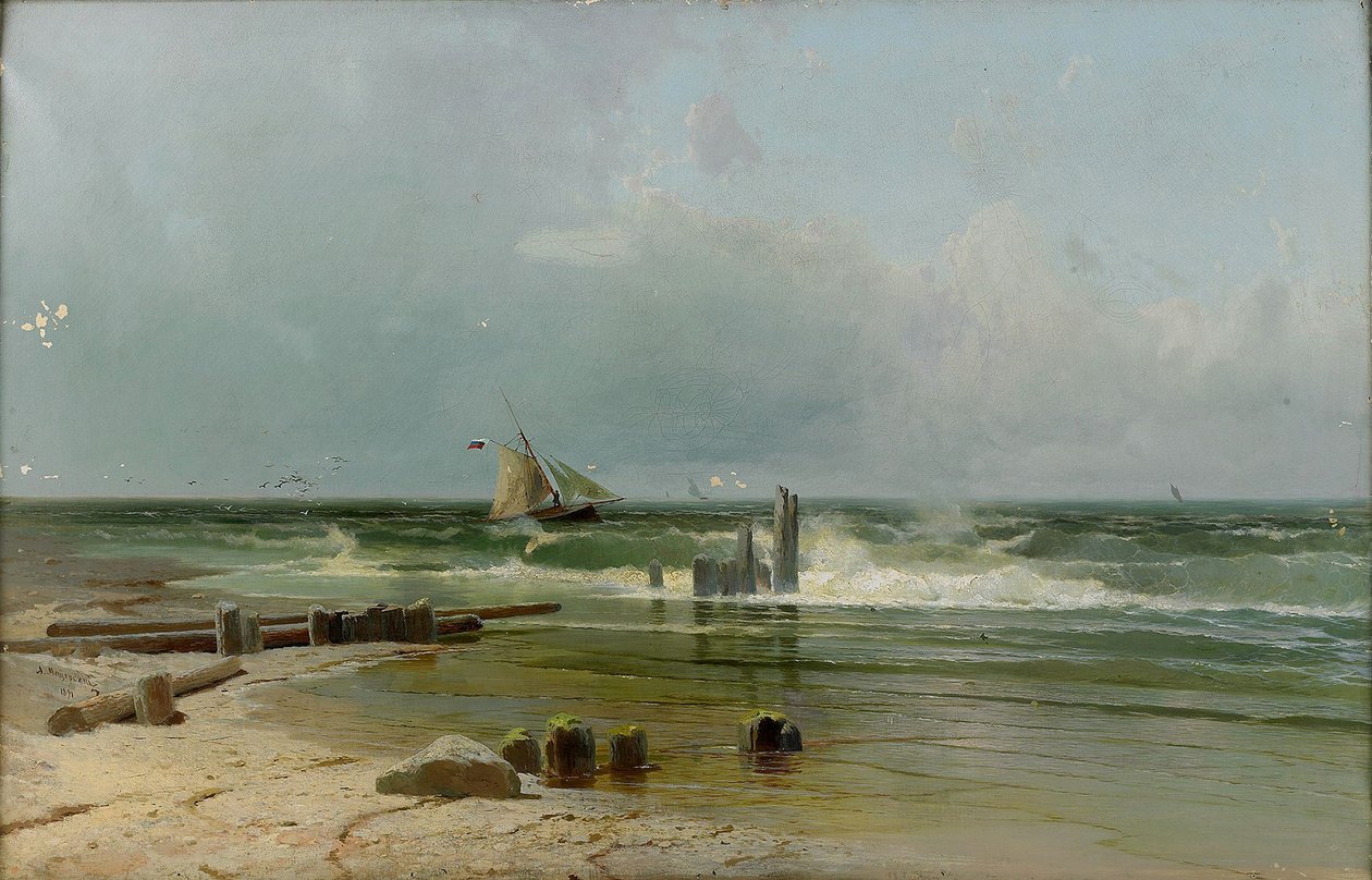 Segelboot am Strand von Arseniy Ivanovich Meshchersky