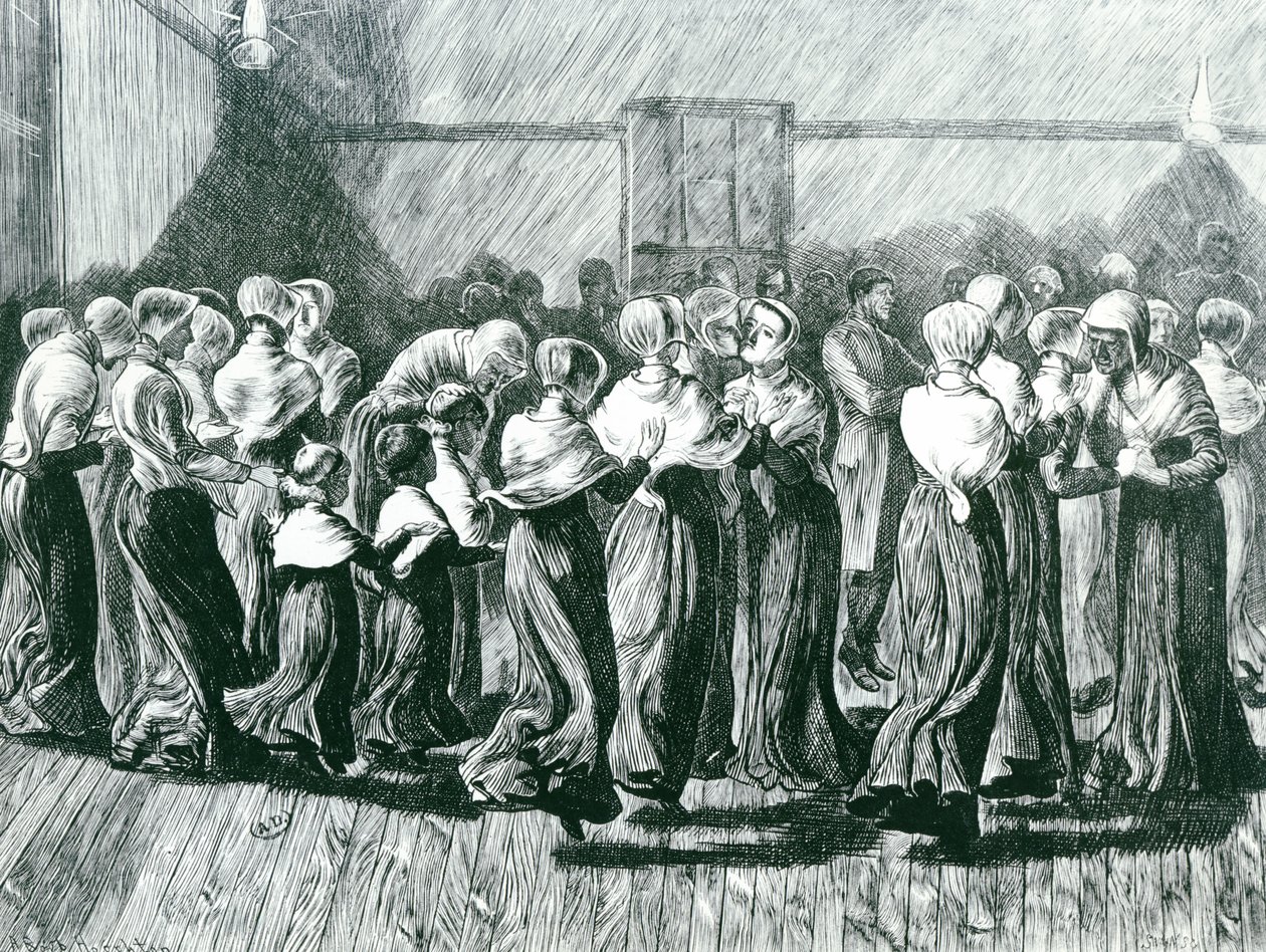 Shakers bei einem Treffen: der religiöse Tanz, Illustration aus The Graphic, veröffentlicht am 14. Mai 1870 von Arthur Boyd Houghton