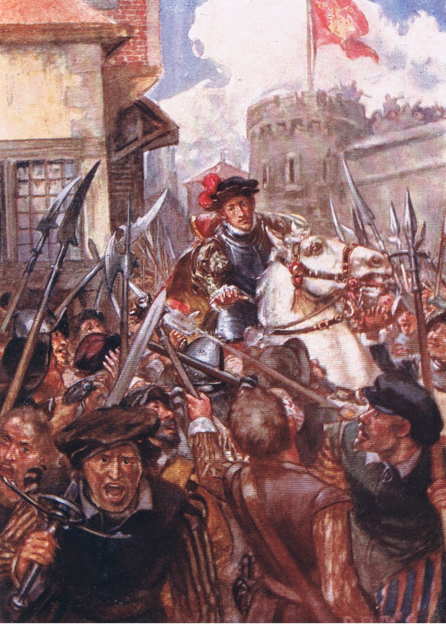 Er bestieg sein Pferd und ritt ruhig und ohne Begleitung zum roten Tor, Illustration aus Romance of History: The Netherlands, 1920er Jahre von Arthur David McCormick