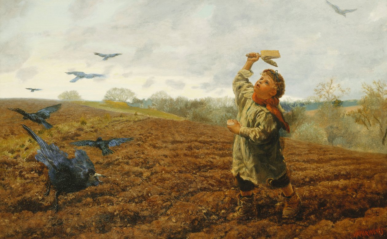 Der Vogelscheucher; "Tauben und Krähen, passt auf eure Zehen auf", 1884 von Arthur Hughes
