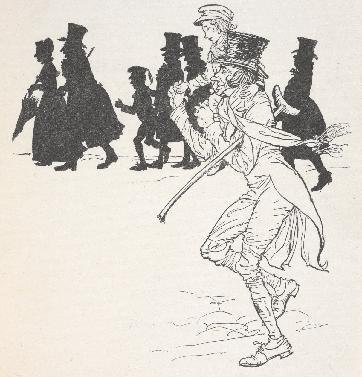Ein Junge, der auf den Schultern eines Mannes getragen wird von Arthur Rackham
