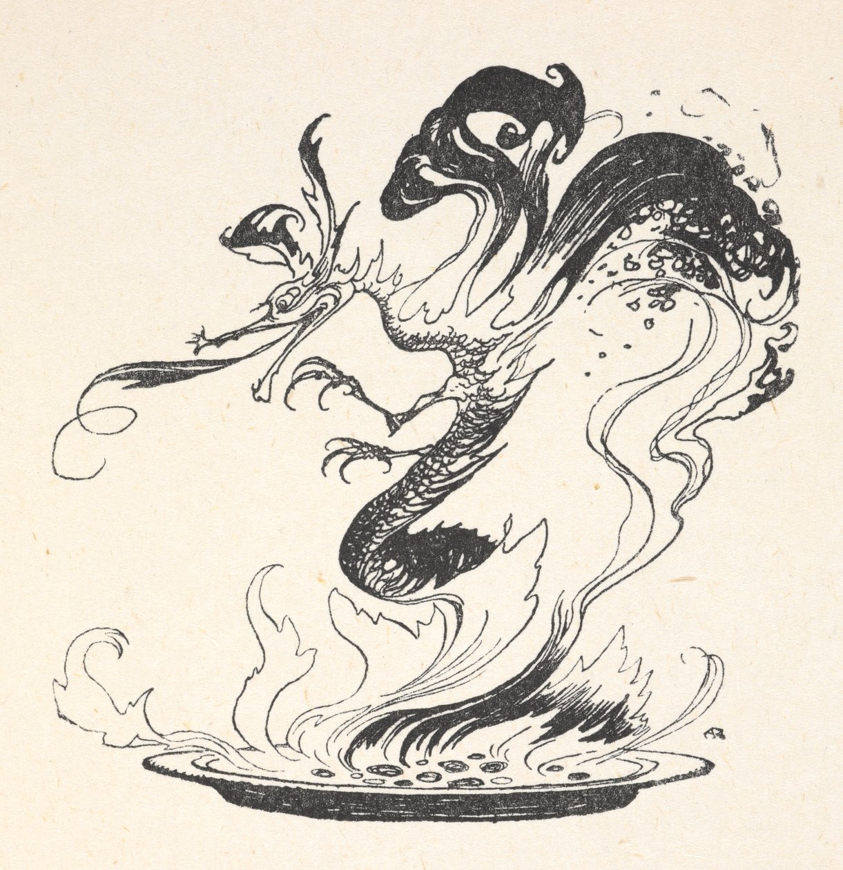 Ein Drache, der aus einem Teller brennenden Geldes auftaucht von Arthur Rackham