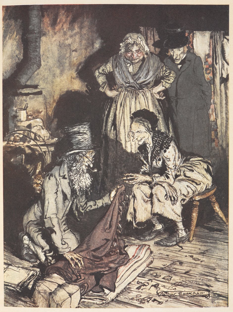 Eine alte Familie in ihrem Haus mit einem Mann, der ihnen Vorhänge anbietet von Arthur Rackham