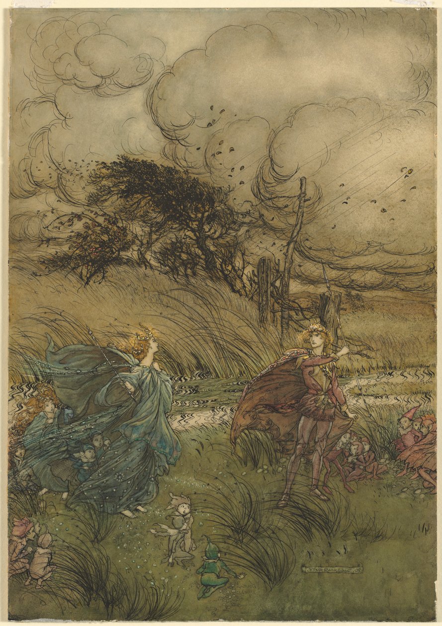 "Und nun treffen sie sich nie im Hain oder Grün," aus Akt 2, Szene 1 von Ein Sommernachtstraum von William Shakespeare von Arthur Rackham