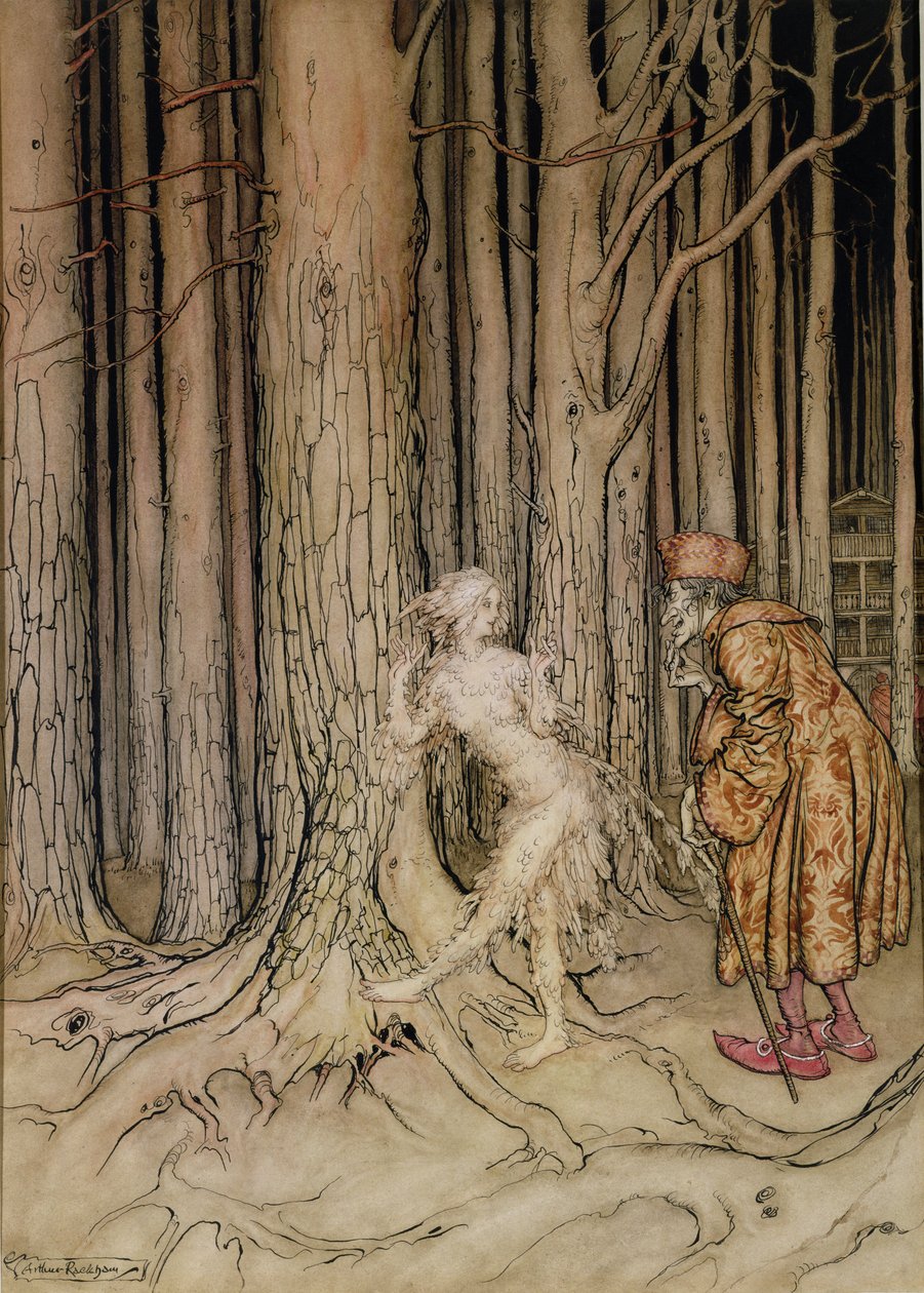 Endlich traf sie den Bräutigam, der langsam zurückkam, Illustration für Fitchers Vogel, aus Brüderchen und Schwesterchen, von den Brüdern Grimm, 1917 von Arthur Rackham