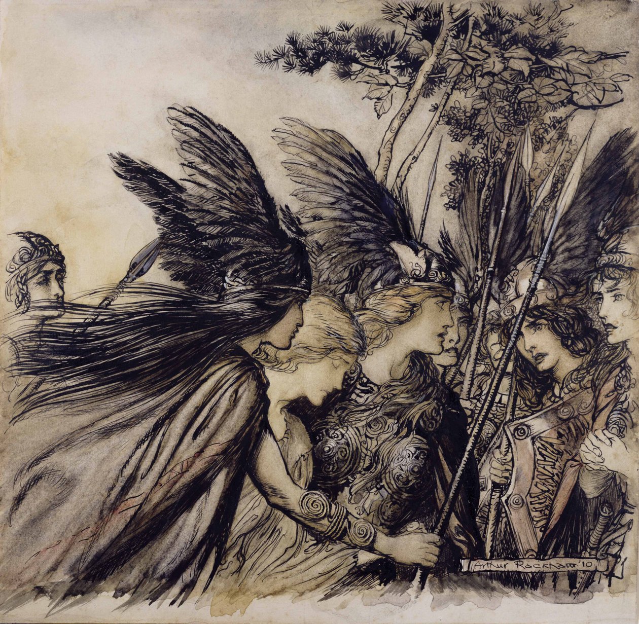 Brunnhilde fleht die Walküren an, Illustration aus Das Rheingold und die Walküre von Richard Wagner, Ausgabe veröffentlicht 1910 von Arthur Rackham