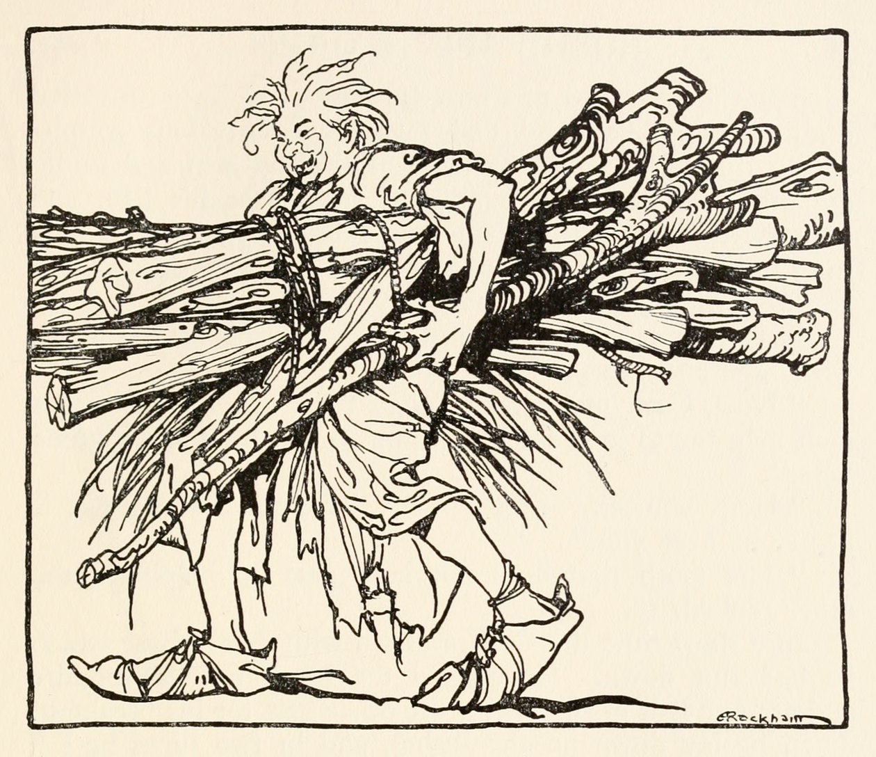 Carl baut einen Unterschlupf für die Nacht, aus The Carl of the Drab Coat in Irish Fairy Tales von Arthur Rackham