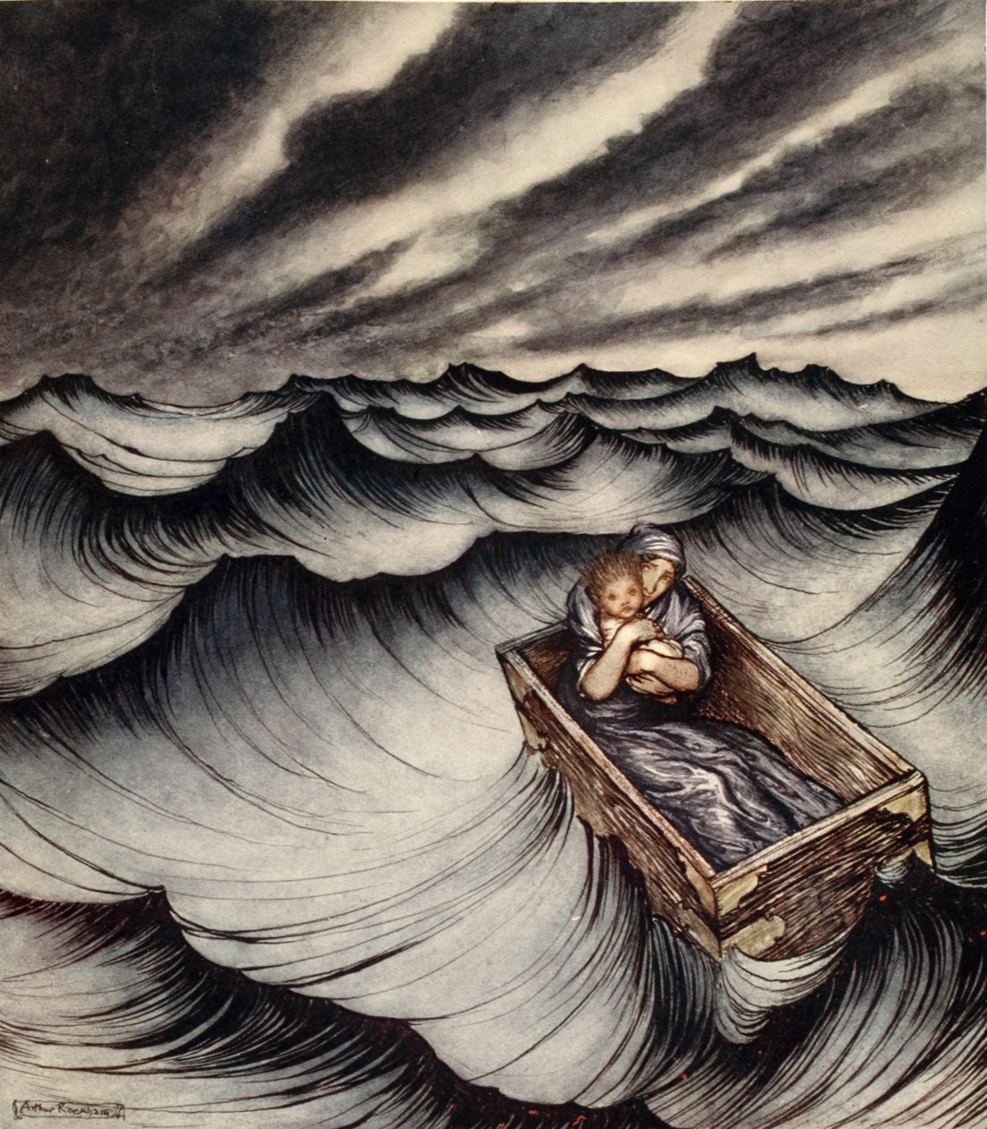 Danae umarmte ihr Kind fest, Illustration aus 