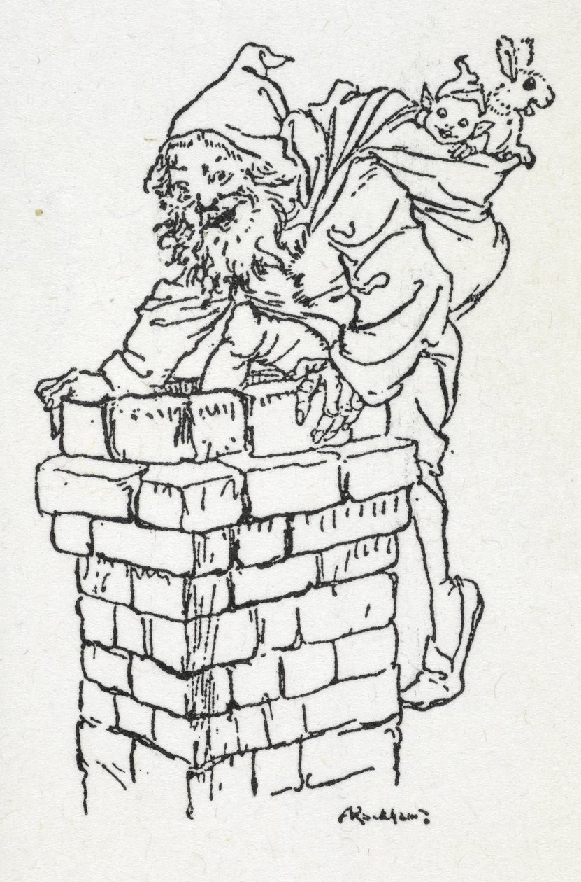 Weihnachtsmann klettert mit einem Sack voller Geschenke den Schornstein hinunter von Arthur Rackham