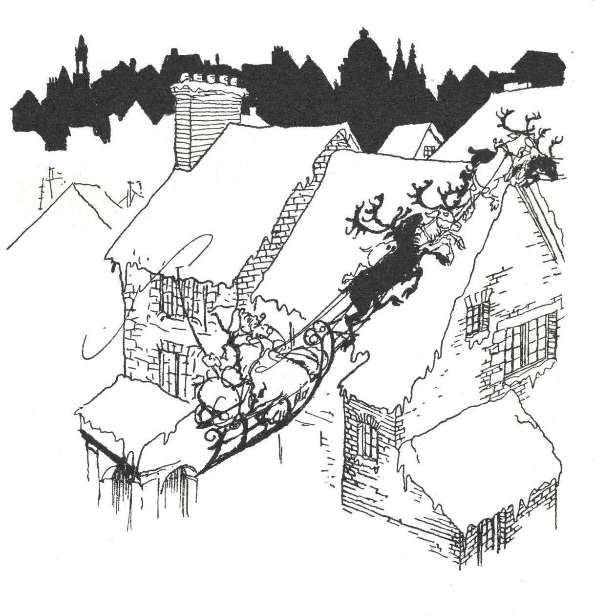 Weihnachtsmann in seinem Schlitten fliegt über verschneite Dächer von Arthur Rackham