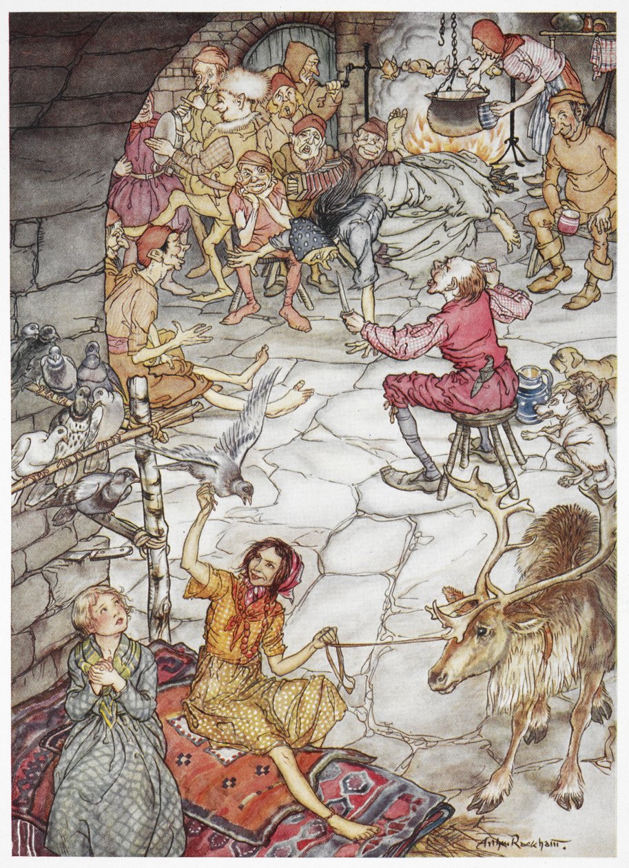 Gerda und das kleine Räubermädchen im Räuberschloss von Arthur Rackham