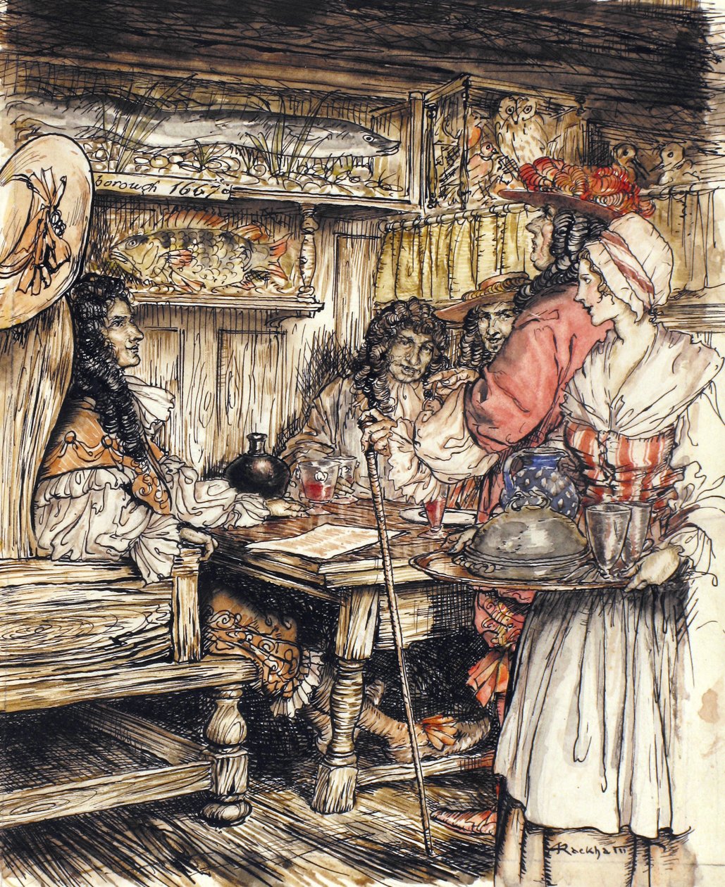 Gehe und sieh in einem der Kaffeehäuser in der King Street in Westminster, Illustration aus The Compleat Angler von Isaac Walton, 1931 von Arthur Rackham