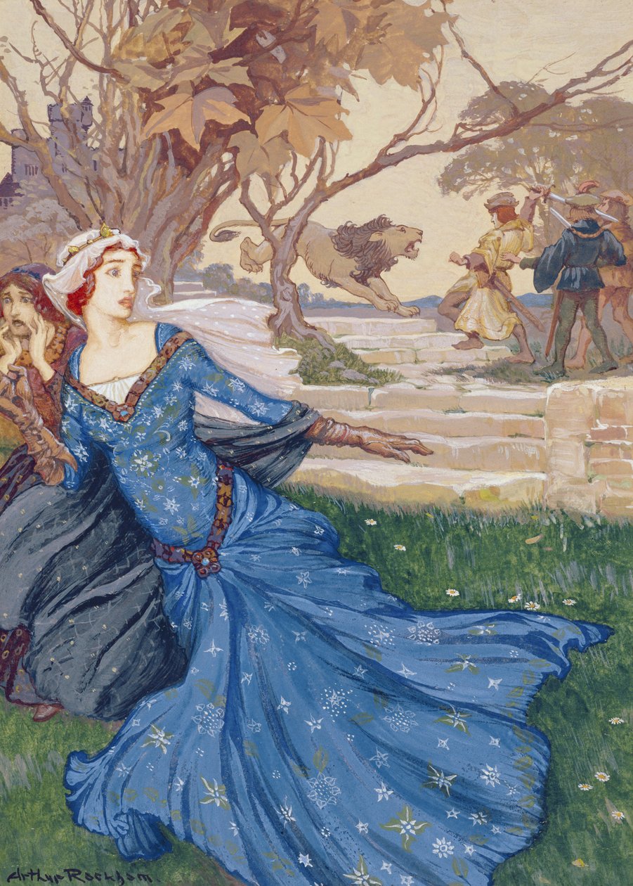 Guinevere wird von La Cote Male Taile gerettet, Illustration aus einer Sammlung von Märchen: Grimm, Andersen und Geschichten von König Artus, veröffentlicht 1905 von Arthur Rackham