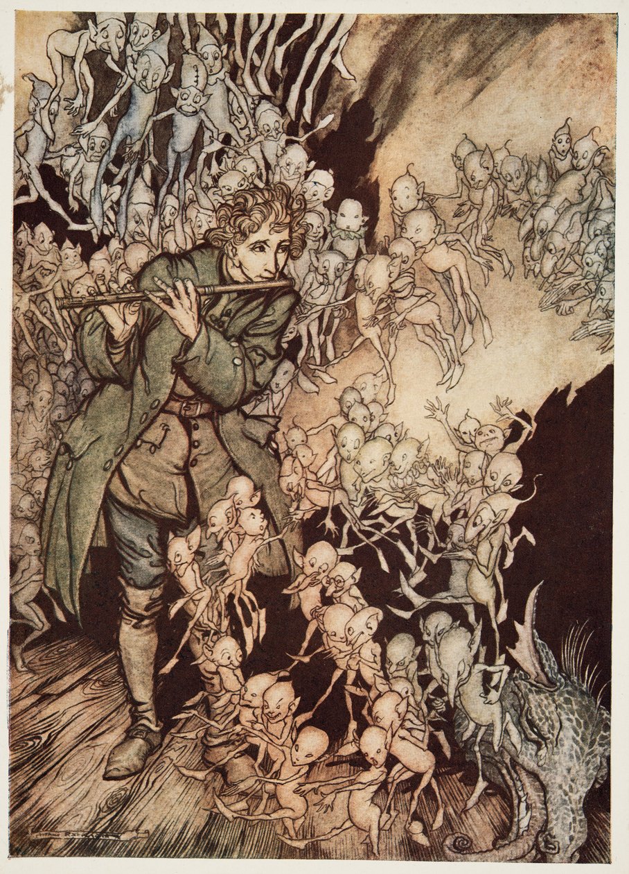 Er spielte, bis der Raum vollständig mit Gnomen gefüllt war, aus Kleiner Bruder & Kleine Schwester und andere Märchen der Brüder Grimm, veröffentlicht 1917 von Arthur Rackham