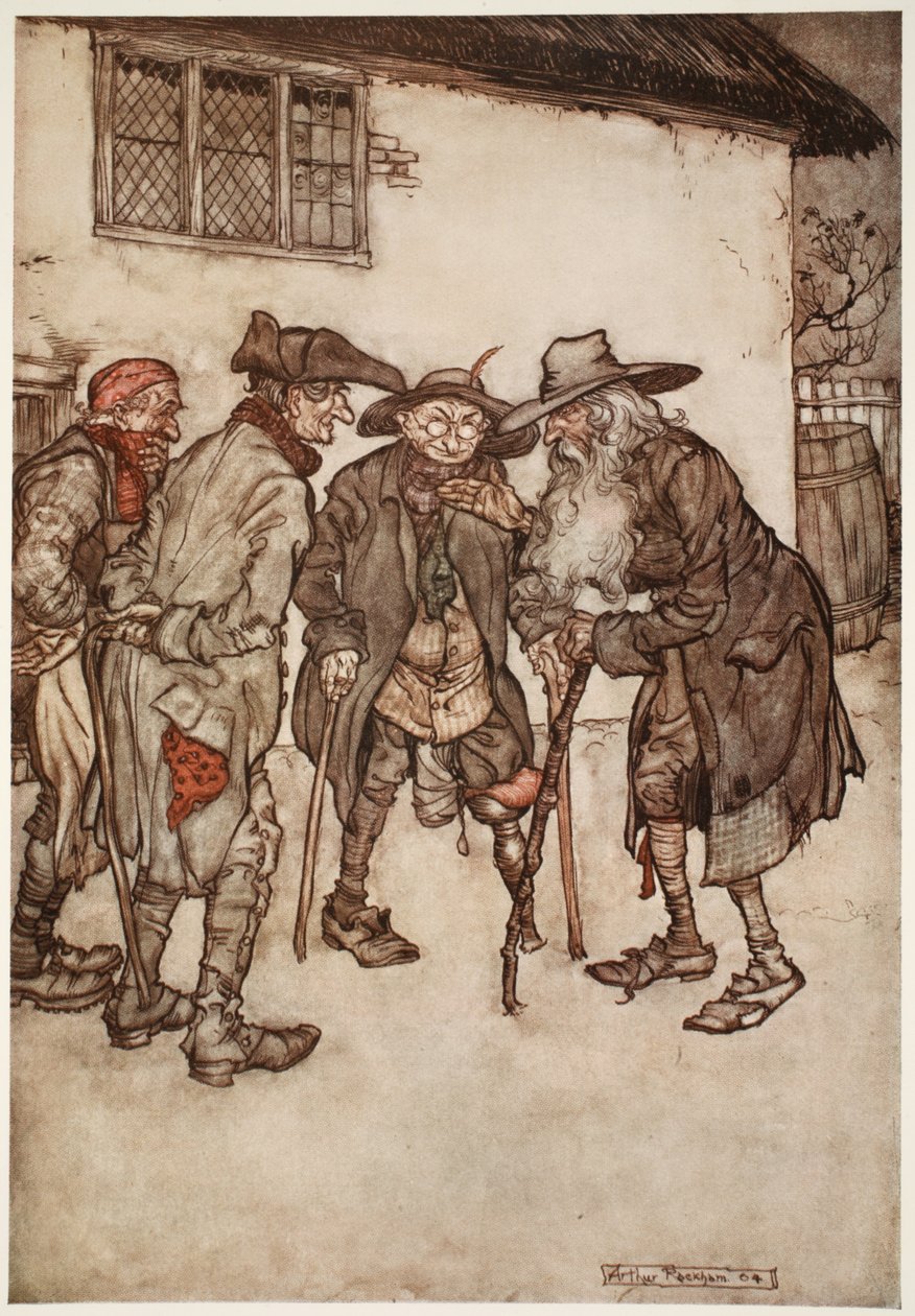 Er fand bald viele seiner ehemaligen Kumpane, obwohl alle ziemlich abgenutzt waren., aus Rip Van Winkle von Washington Irving, veröffentlicht 1910 von Arthur Rackham