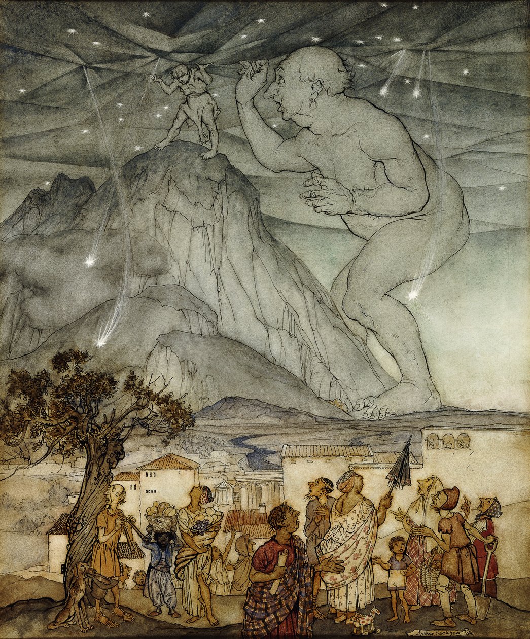 Herkules trägt den Himmel statt Atlas von Arthur Rackham