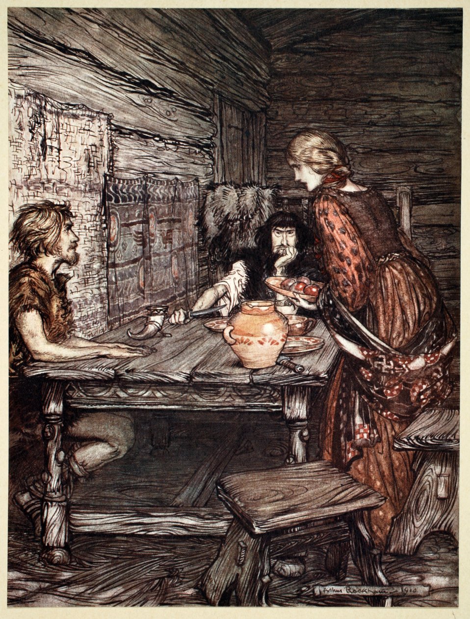 Hunding entdeckt die Ähnlichkeit zwischen Siegmund und Sieglinde von Arthur Rackham