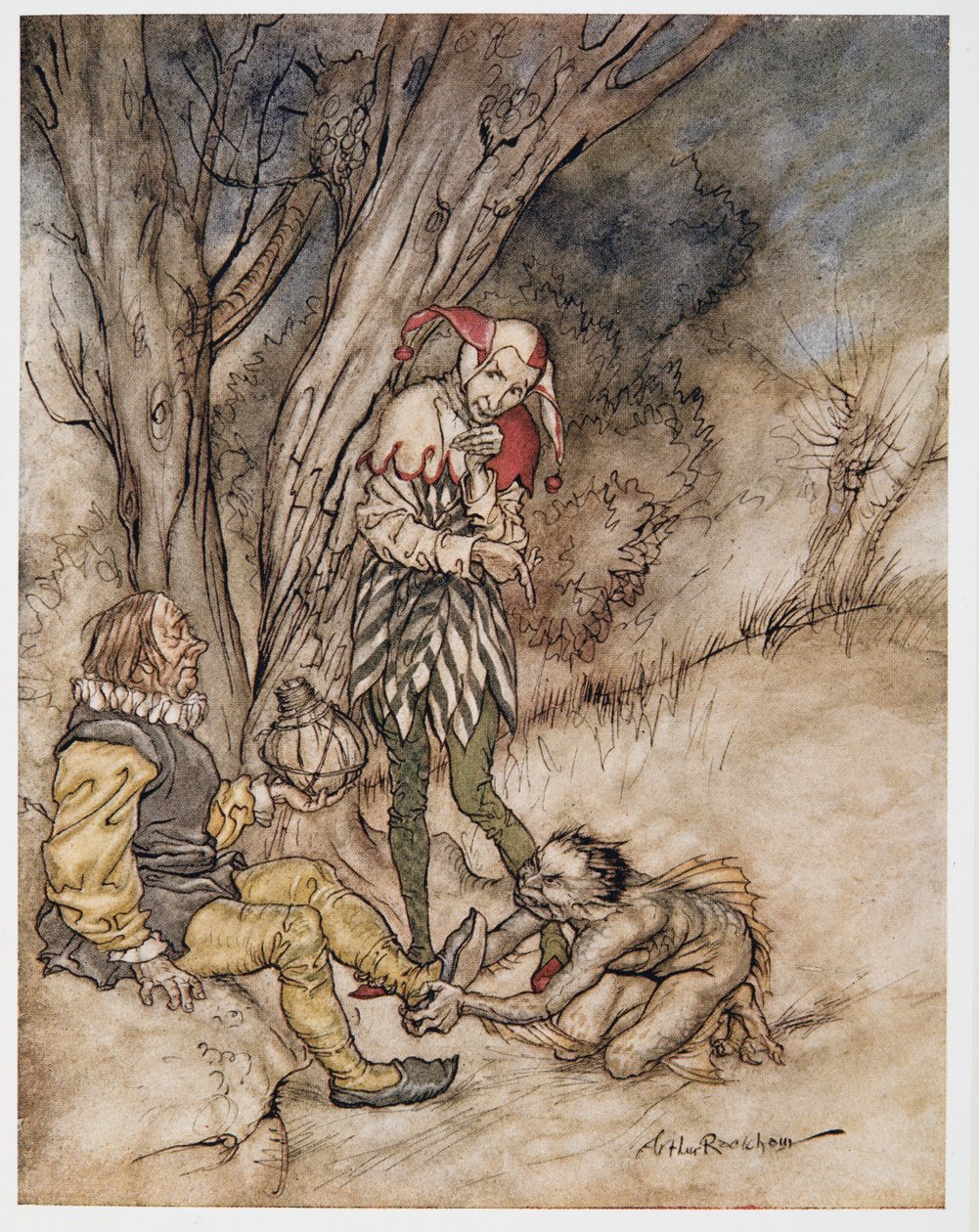 Ich werde deinen Fuß küssen: Ich werde mich deinem Untertan schwören, Illustration aus William Shakespeares Der Sturm, veröffentlicht 1926 von Arthur Rackham