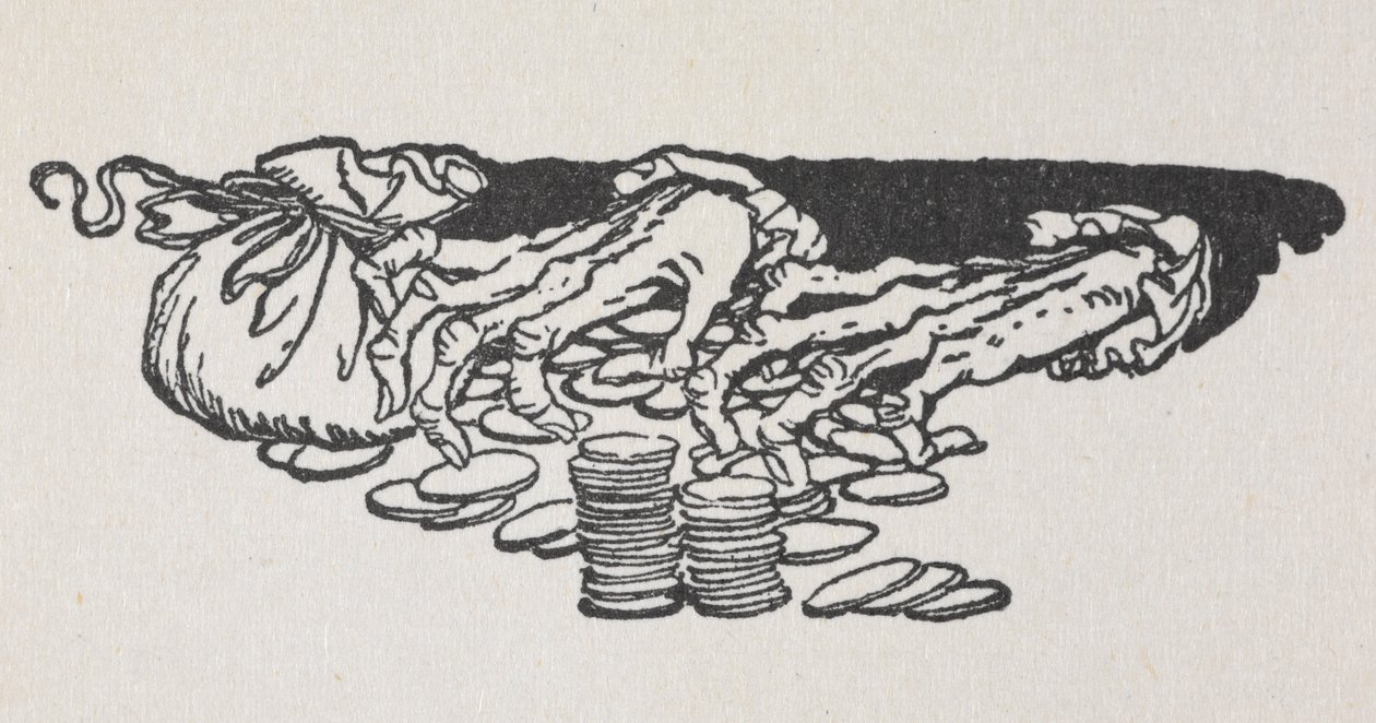 Illustration von Scrooges Händen, die Geld zählen von Arthur Rackham