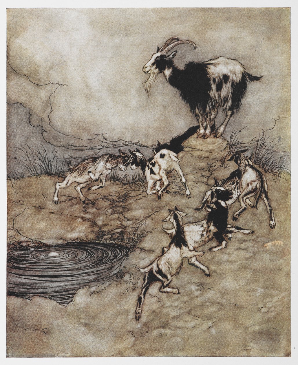 Illustration einer Ziege und ihrer jungen Kitze beim Spielen aus 