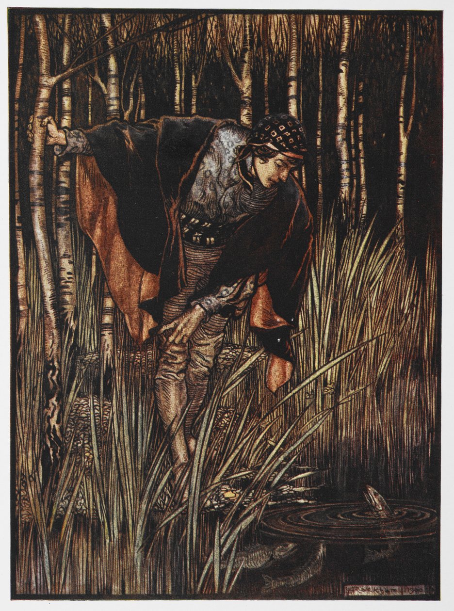 Illustration eines Jünglings an einem Teich aus Die weiße Schlange von Arthur Rackham