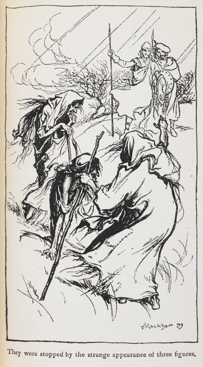 Illustration der drei Hexen, Macbeth und Banquo von Arthur Rackham