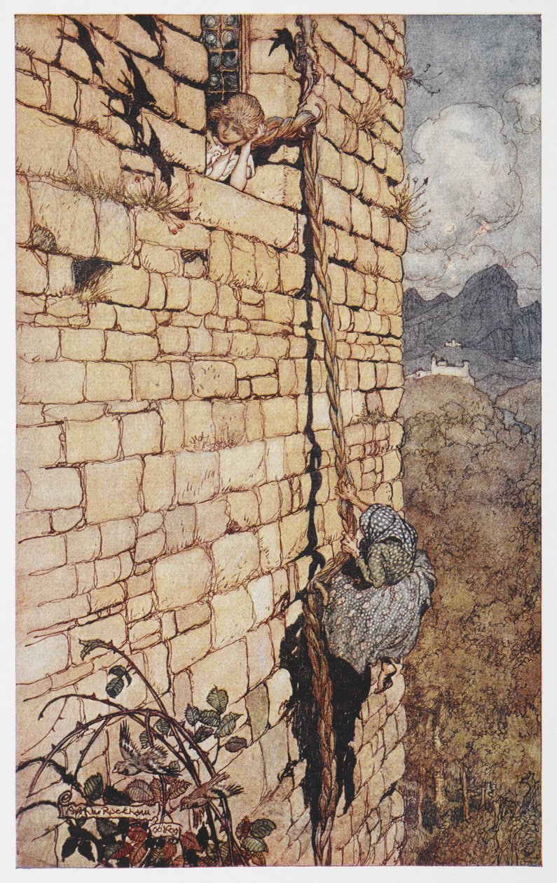 Illustration der Hexe, die Rapunzels Haar hinaufklettert. von Arthur Rackham