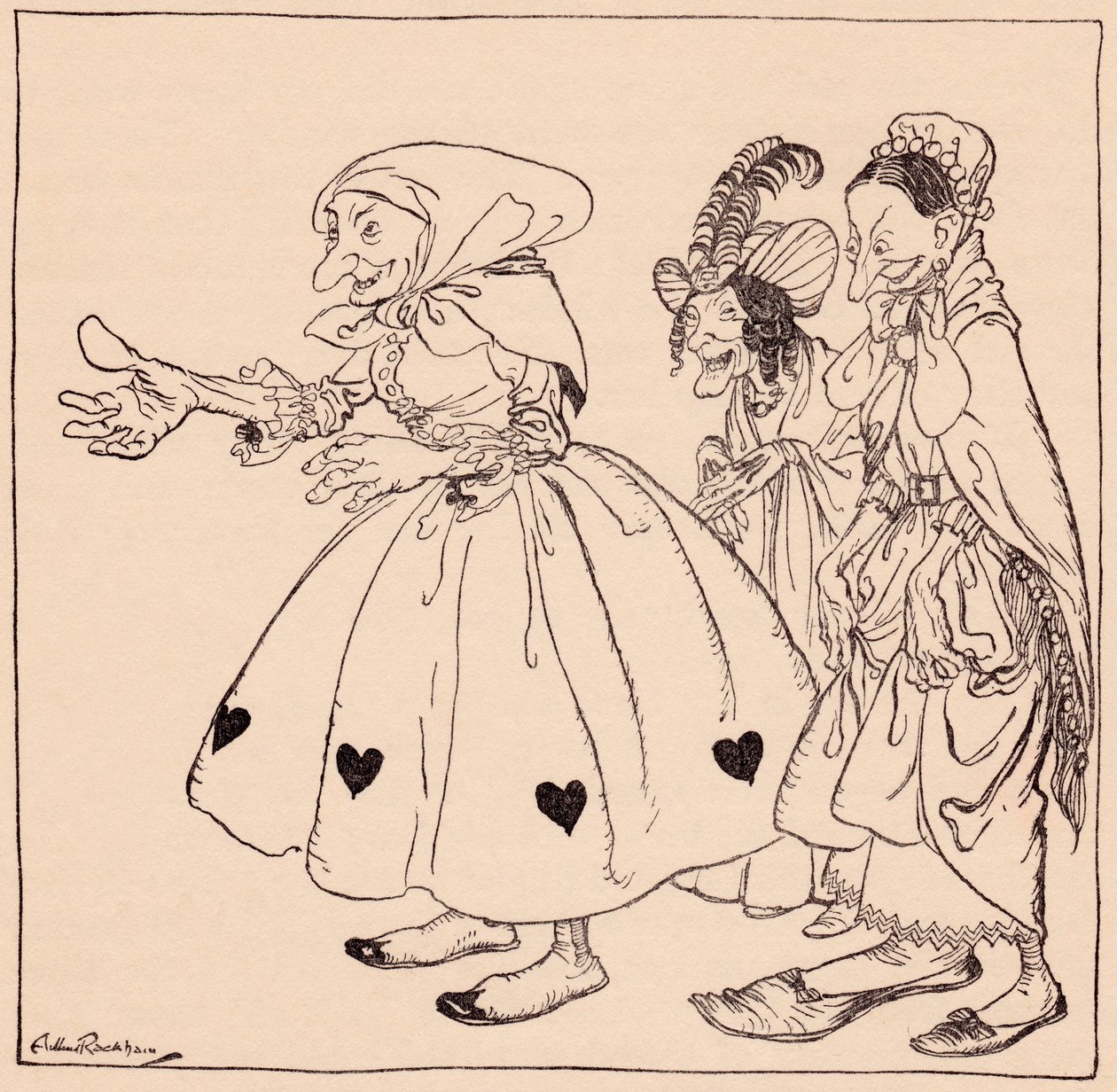 Es kamen die drei Frauen herein, die auf die seltsamste Weise gekleidet waren. Illustration von Arthur Rackham aus Grimms Märchen, Die drei Spinnerinnen. von Arthur Rackham
