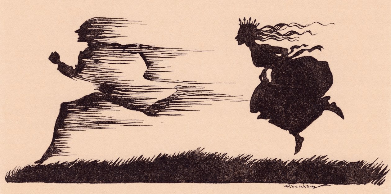 Es war, als ob der Wind vorbeigepfiffen hätte. Illustration von Arthur Rackham aus Grimms Märchen Sechse kommen durch die ganze Welt. von Arthur Rackham